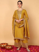 Women Mustard Silk Blend Solid Embroidered Straight Suit Set